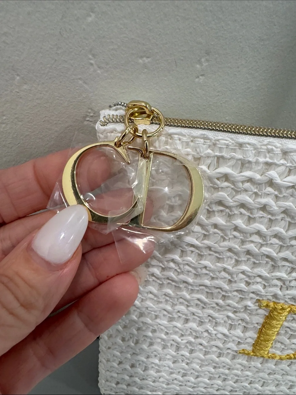Dior VIP White Woven Cosmetic Pouch with Gold Embroidered Logo